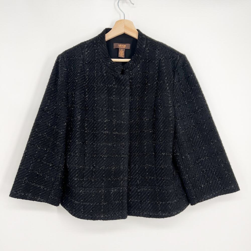 Victor Alfaro Wool Blend Jacket Blazer Womens 14 Black Tweed Windowpane Crop